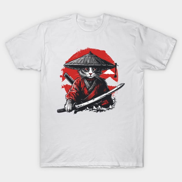 Retro Samurai Cat Katana Sunset Ninja Cat Warrior Cat Japanese Art T-Shirt by RetroZin